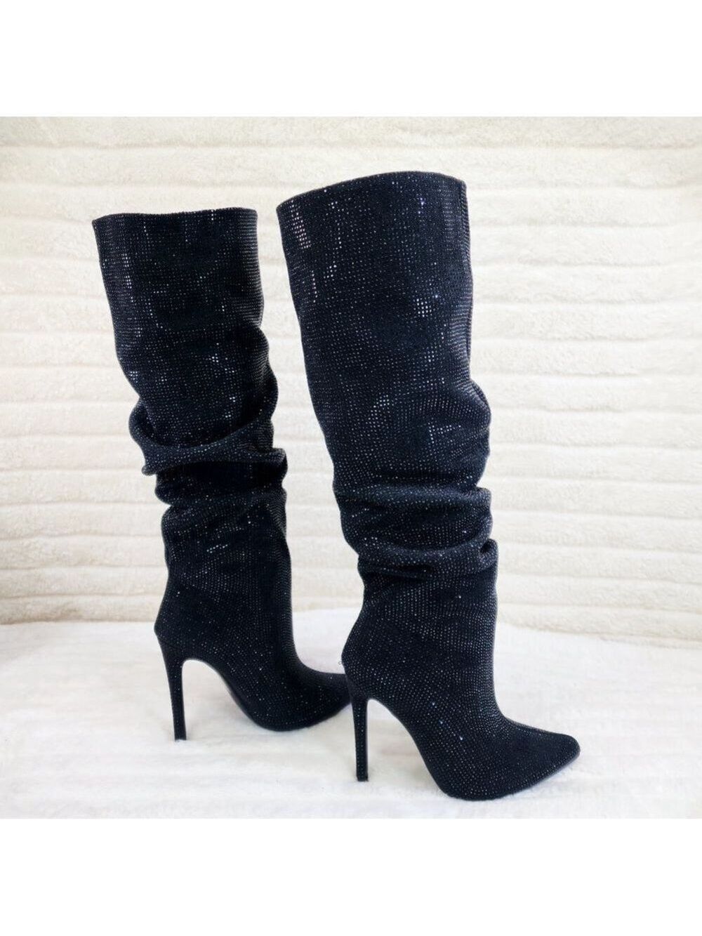Radiant Black Rhinestone High Heel Slouch Knee High Boots